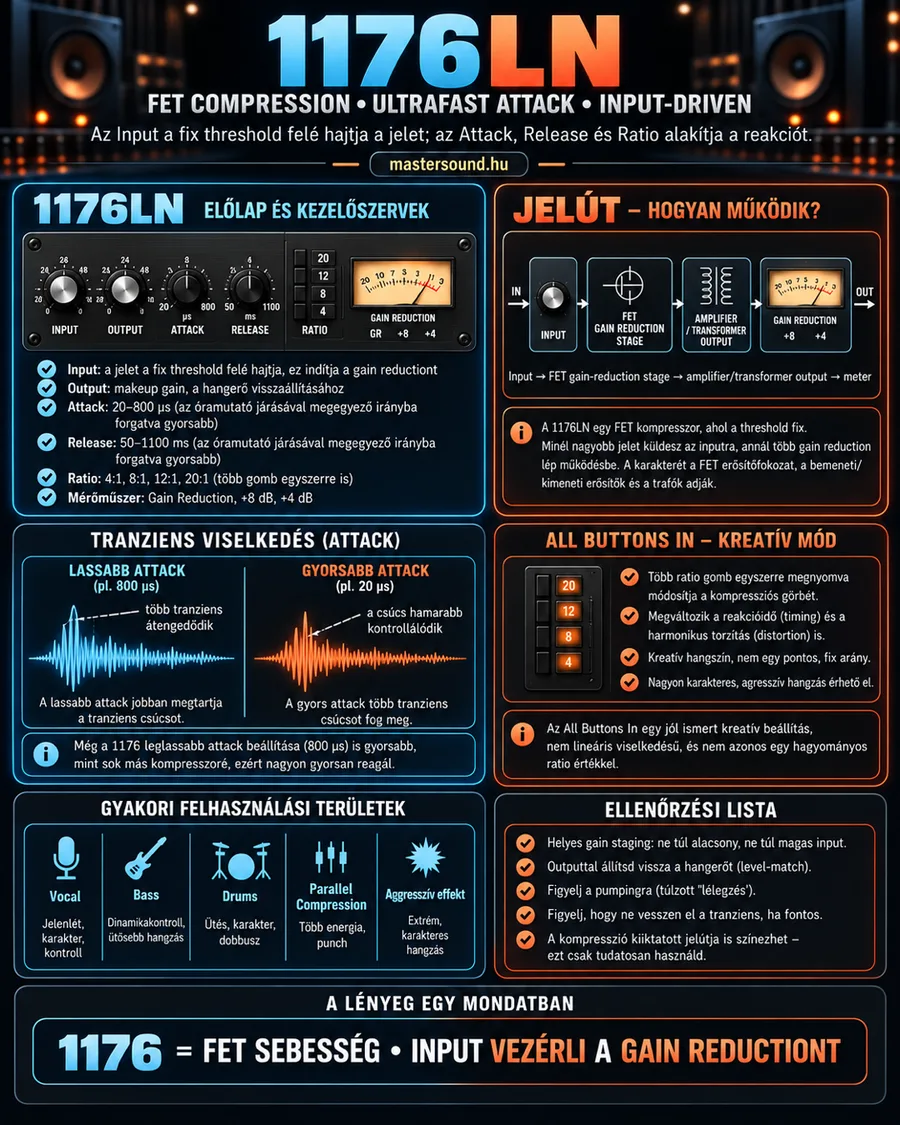 Infografika egy klasszikus FET-kompresszorról: az előlap input, output, attack és release gombbal, négy ratio-gombbal és mutatós műszerrel, a jelút, a lassú és a gyors attack hatása egy hullámformán, és a négy ratio-gomb egyszerre benyomott kreatív módja.