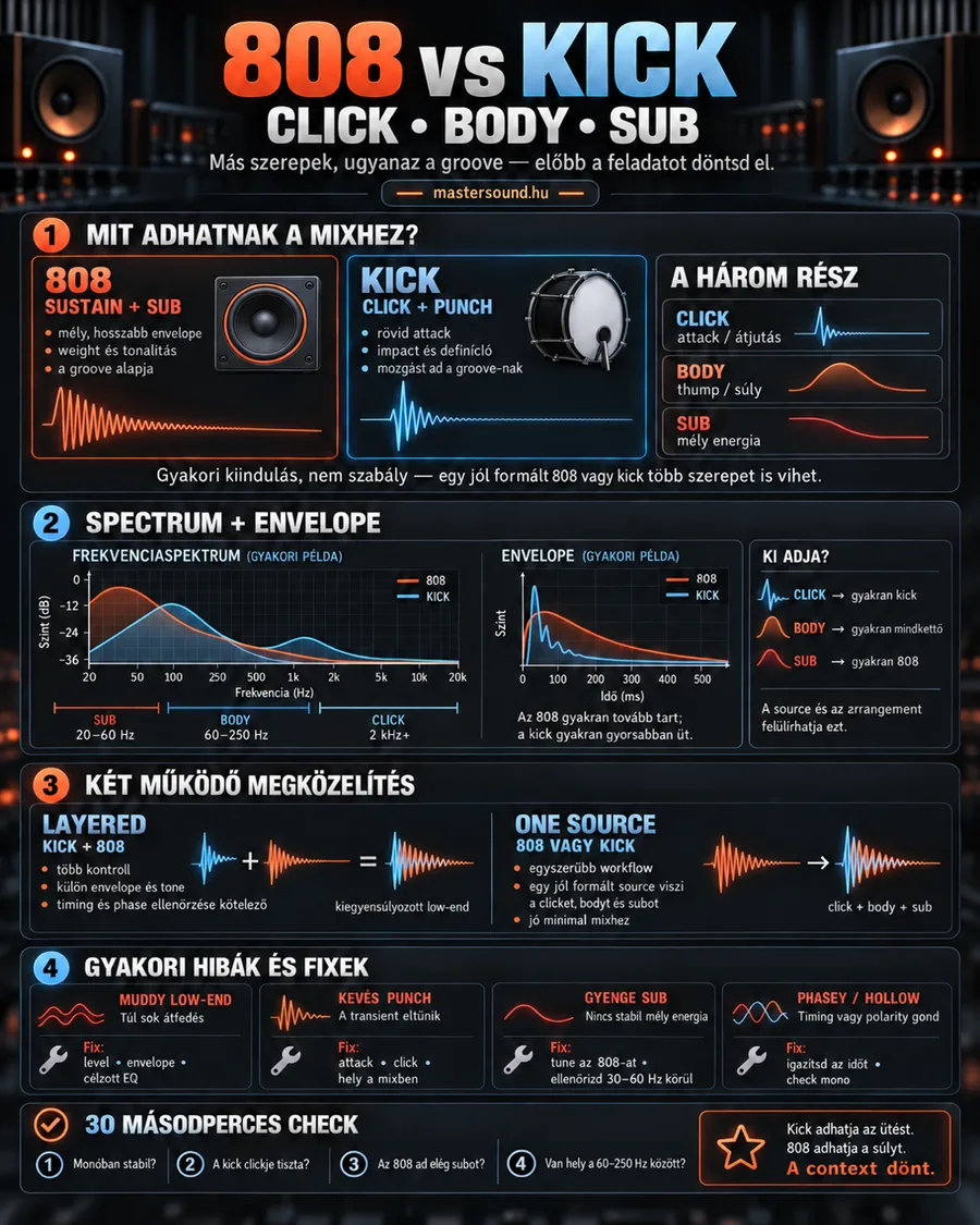 Infografika a 808-as basszusdob és a hagyományos lábdob szerepéről: mit ad a mixhez a click, a body és a sub, a két hang spektruma és időbeli lefutása, a rétegzett és az egyhangos megoldás, valamint négy gyakori hiba javítással.