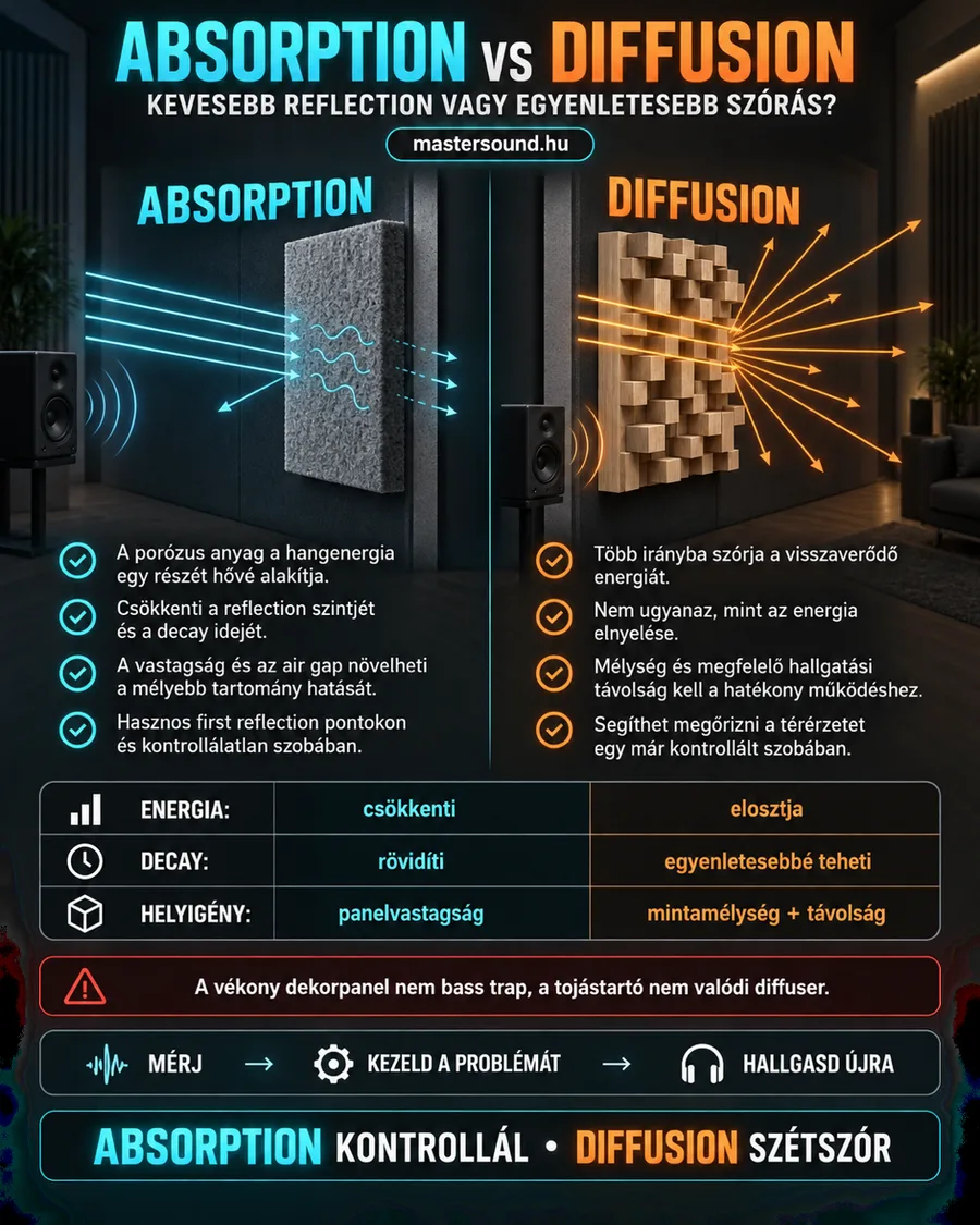 Infografika két akusztikai elemről: balra egy szürke, porózus elnyelő panel, amibe belevesznek a hanghullámok, jobbra egy lépcsőzetes fakockás diffúzor, amiről sok irányba szóródik a hang, alul összehasonlító táblázat.