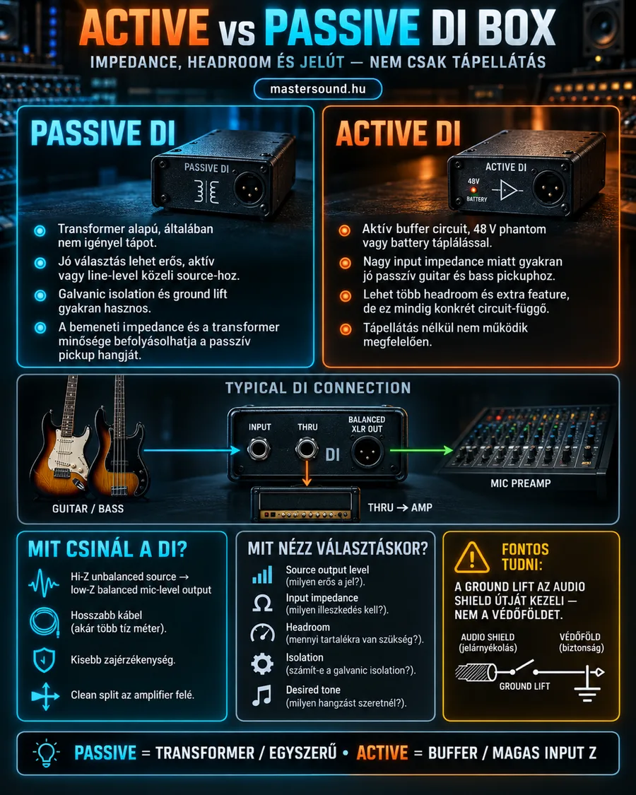Infografika a passzív és az aktív DI-doboz különbségéről. Felül a két doboz és jellemzőik, középen a tipikus bekötés gitártól a mikrofon-előerősítőig, alul a választási szempontok és egy figyelmeztetés a földleválasztásról.