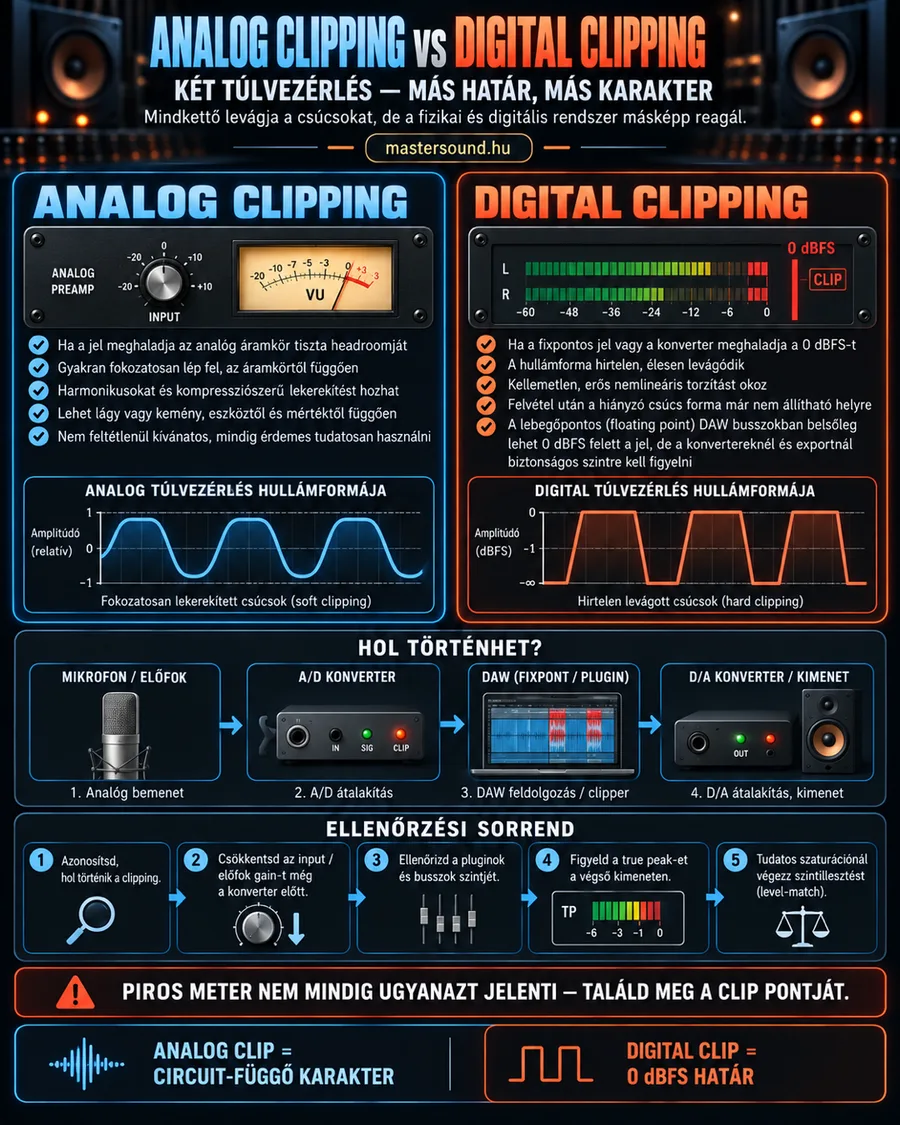 Kétoldalas infografika az analóg és a digitális túlvezérlésről: balra egy előerősítő mutatós mérővel és lekerekített csúcsú hullám, jobbra egy 0 dBFS-nél piros digitális mérő és levágott tetejű hullám. Alatta a jelút négy pontja, ahol levágás történhet, és az ellenőrzés öt lépése.