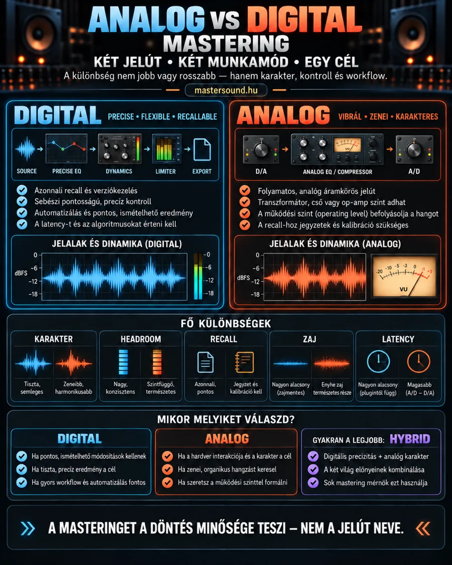 Infografika a digitális és az analóg mastering összehasonlításáról: bal oldalt a pluginos jelút, jobb oldalt a D/A, analóg EQ és kompresszor, A/D lánc, alatta öt különbség és egy döntési segéd, amely a hibrid láncot is ajánlja.