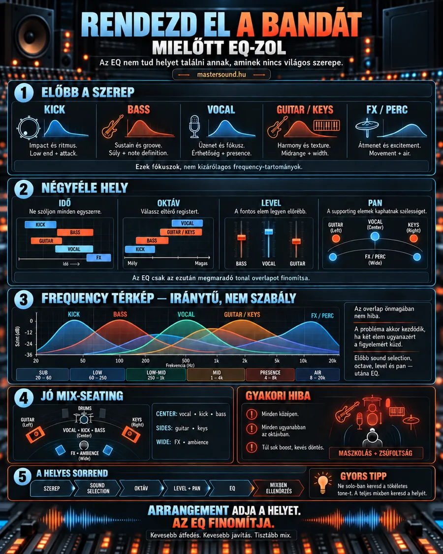 Infografika arról, hogyan rendezd el a hangszereket EQ előtt: öt hangszercsoport szerepe, a négyféle hely (idő, oktáv, hangerő, panoráma), egy frekvenciatérkép, a sztereókép és a helyes munkasorrend.