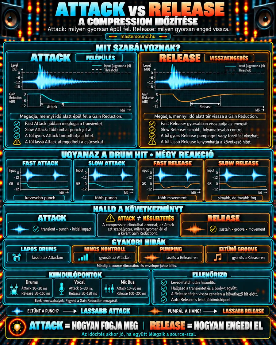 Infografika a kompresszor attack és release gombjáról: mennyi idő alatt épül fel és tér vissza a szintcsökkentés, négy változat ugyanazon a dobütésen, gyakori hibák és kiinduló értékek dobra, énekre és fő buszra.