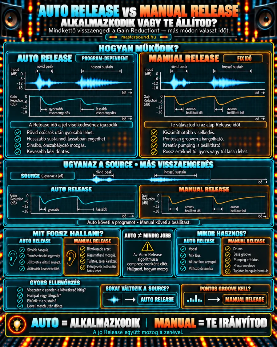Infografika az automatikus és a kézi release összehasonlításáról: ugyanaz a rövid csúcs és hosszú kitartott hang, alatta a szintcsökkentés görbéje a két módban, mit hallasz és mikor hasznos az egyik és a másik.
