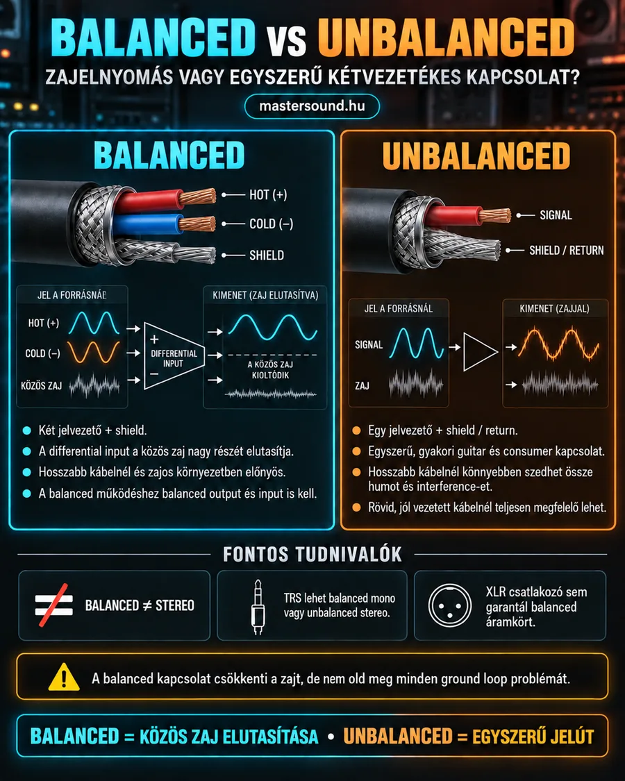 Infografika a szimmetrikus és az aszimmetrikus bekötésről: bal oldalon egy háromeres kábel és a különbségi bemenet, ami kioltja a közös zajt, jobb oldalon egy kéteres kábel, ahol a zaj a jellel együtt jut ki.