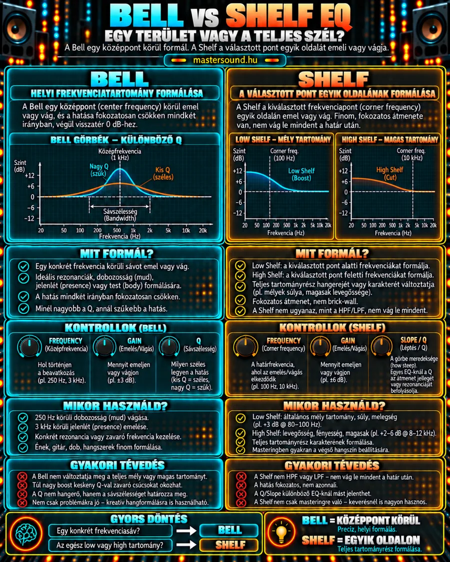 Infografika a bell és a shelf EQ különbségéről: bal oldalt a középfrekvencia körüli harang alakú görbék különböző Q-val, jobb oldalt a low és high shelf görbék, alattuk a kezelőgombok, a felhasználási helyzetek és a gyakori tévedések.