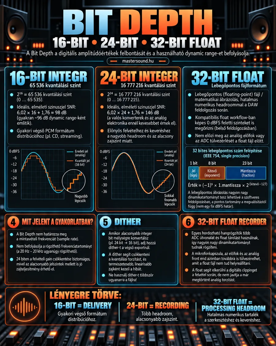 Infografika a bitmélységről: három oszlopban a 16 és a 24 bites egész számos, valamint a 32 bites lebegőpontos formátum, lépcsős hullámábrákkal, alul a gyakorlati tanácsok, a dither és a 32 bites felvevők.