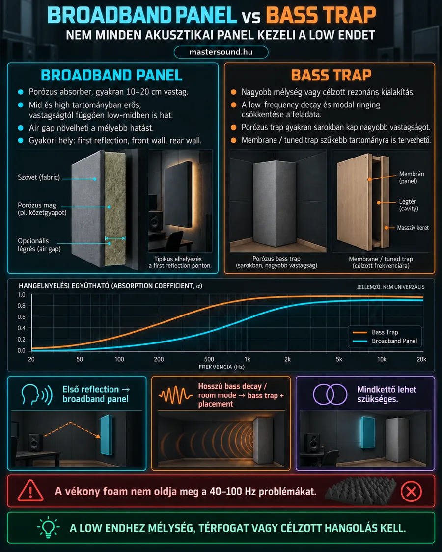 Infografika a szélessávú elnyelő panel és a mélyhang-csapda különbségéről. Látszanak a panel rétegei, a sarokba állított és a membrános csapda, egy elnyelési grafikon, és hogy melyik hová kerül.
