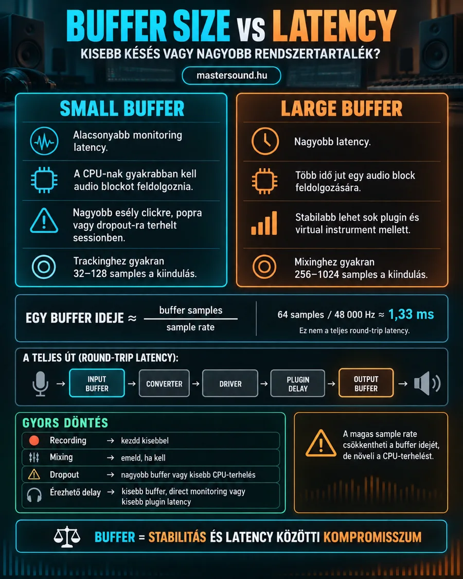 Infografika a pufferméret és a késés kapcsolatáról: a kis és a nagy puffer előnyei és hátrányai, a késés képlete, a teljes jelút lépései és egy gyors döntési táblázat.