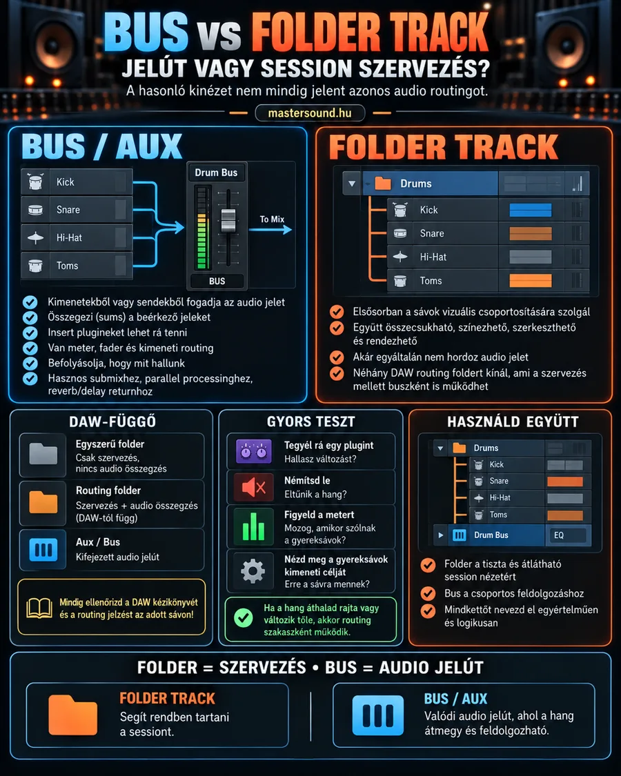 Infografika a bus és a folder track különbségéről: bal oldalon négy dobsáv jele egy szintmérős, tolós Drum Bus csatornába fut, jobb oldalon ugyanez a négy sáv egy összecsukható mappában, alul egy négylépéses gyors teszt és a kettő közös használata.