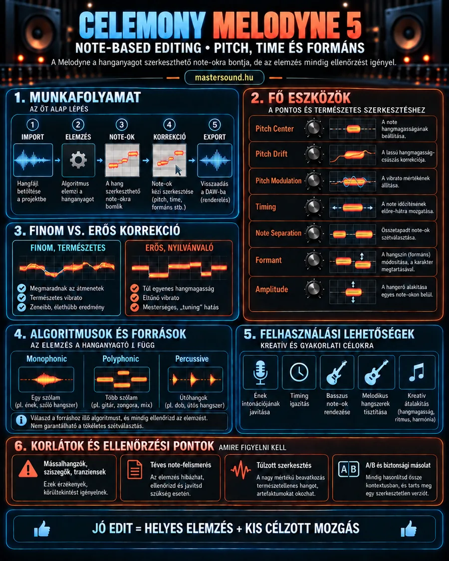 Infografika egy hangjegy alapú hangszerkesztő programról: az öt munkalépés az importtól az exportig, hét szerkesztőeszköz, a finom és az erős korrekció összevetése, a három elemzési mód és a korlátok.