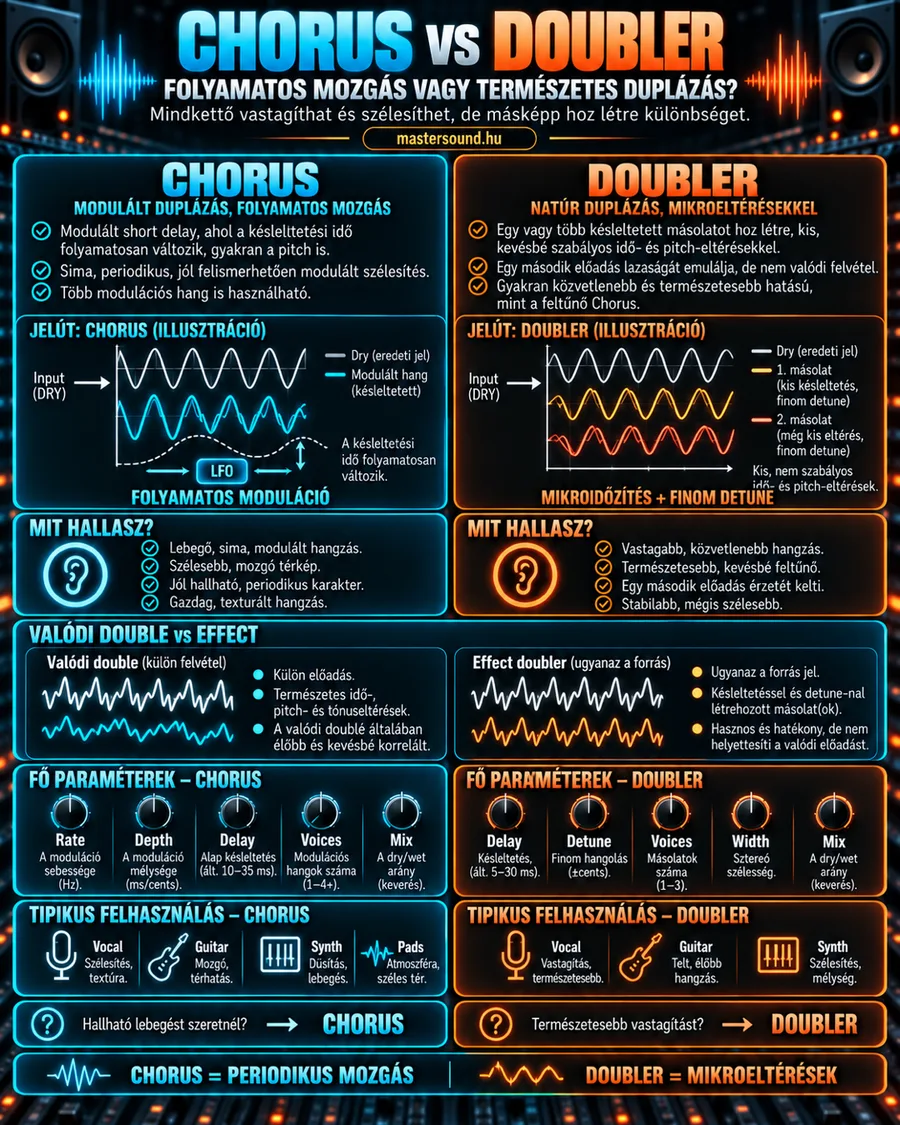 Infografika a chorus és a doubler különbségéről: balra egy LFO által folyamatosan mozgatott késleltetett másolat, jobbra két kicsit késleltetett és enyhén elhangolt másolat, alattuk a valódi kétszeri feljátszás és a paraméterek.