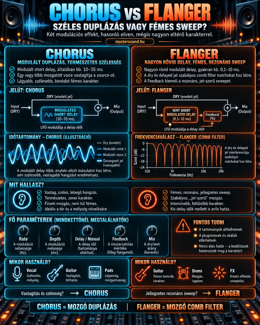 Infografika a chorus és a flanger összevetéséről: mindkét oldalon a modulált késleltetés jelútja, balra több egymásra rakott hullám, jobbra egy frekvenciagörbe sok mély bevágással, alul a közös gombok és a tipikus hangszerek.
