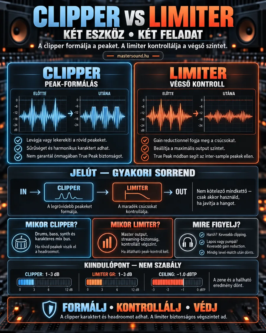 Infografika a clipper és a limiter különbségéről: két előtte-utána hullámforma, a gyakori sorrend a jelútban, először clipper, utána limiter, és kiindulási értékek a levágáshoz, a limiter halkításához és a kimeneti plafonhoz.