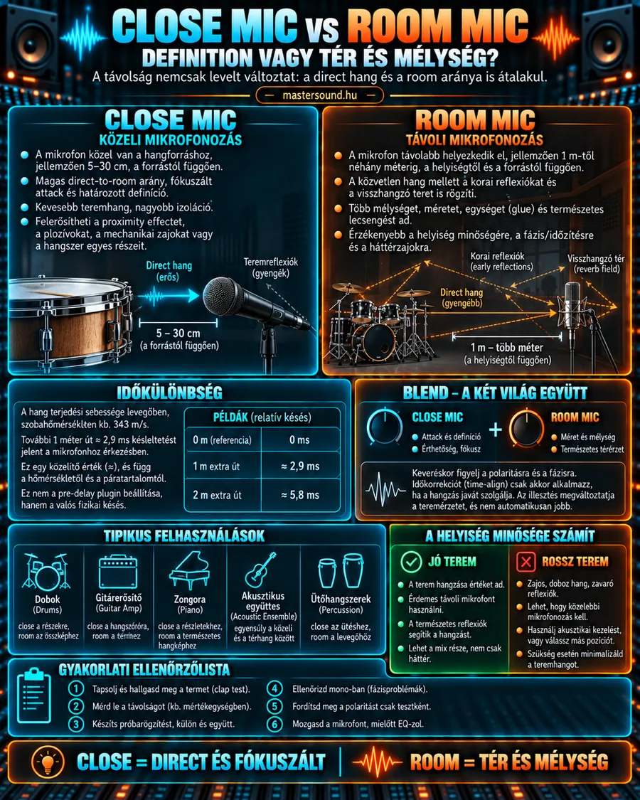 Infografika a közeli és a távoli mikrofonozásról: bal oldalon egy mikrofon pár centire a pergődobtól, jobb oldalon egy mikrofon méterekre a dobfelszereléstől a terem visszaverődéseivel, alatta a távolságból adódó késés táblázata és a két mikrofon bekeverése.