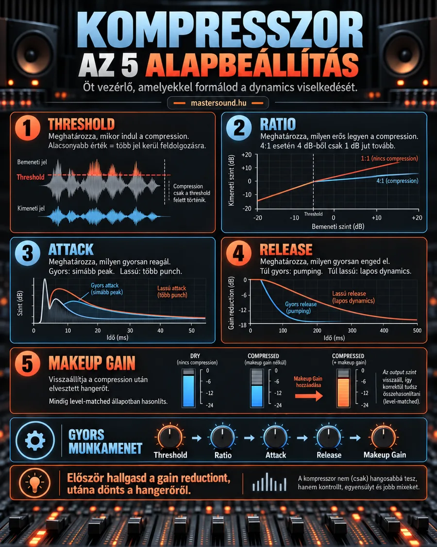 Infografika a kompresszor öt alapgombjáról: threshold, ratio, attack, release és makeup gain, mindegyikhez egy kis ábra, alul a beállítás javasolt sorrendje.