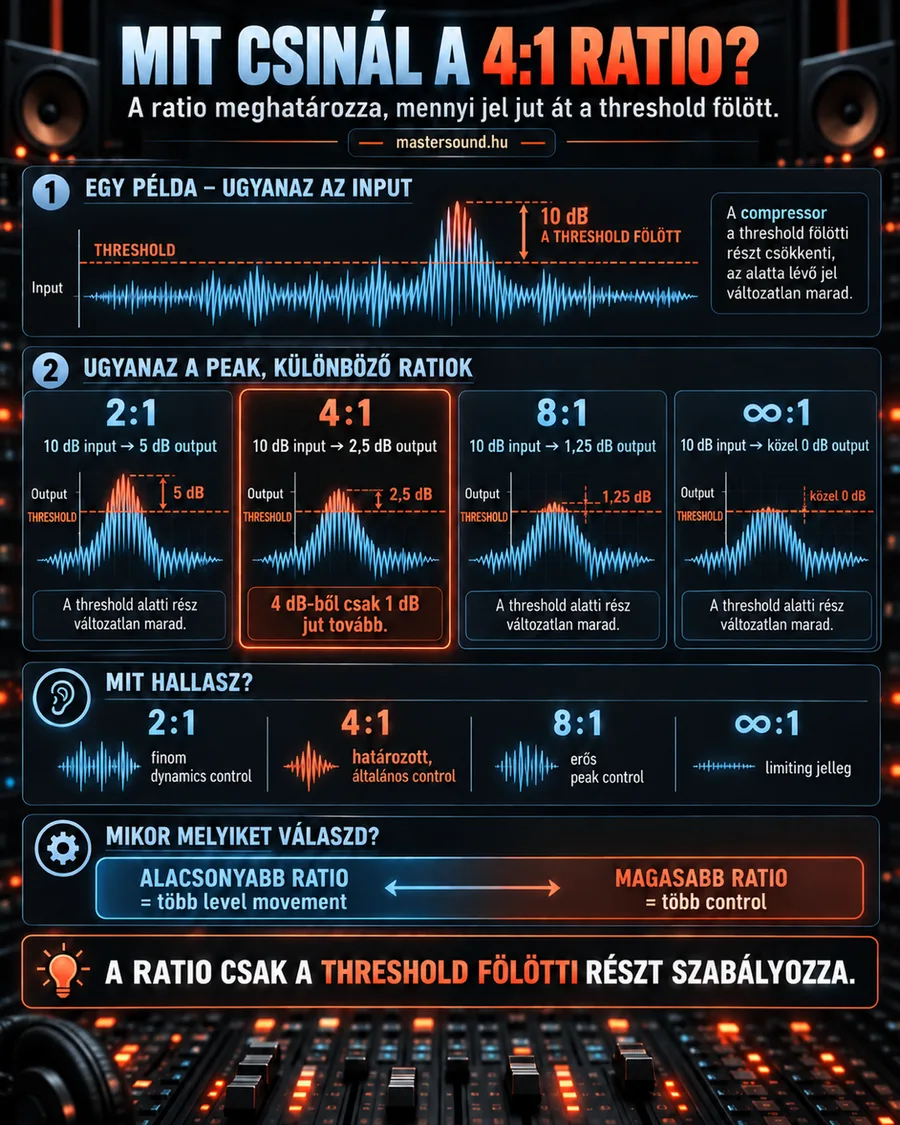 Infografika a kompresszor ratio gombjáról: ugyanaz a threshold fölé 10 dB-lel kiugró csúcs 2:1, 4:1, 8:1 és végtelen arány mellett, és hogy melyik hogyan szól.