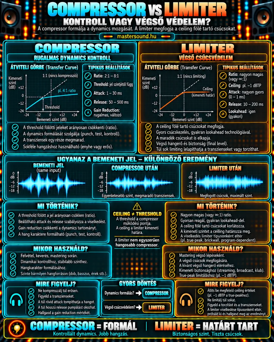 Infografika a kompresszor és a limiter összevetéséről: két átviteli görbe, tipikus beállítások, ugyanaz a bemeneti jel kétféle feldolgozás után, és hogy mikor melyiket használd.