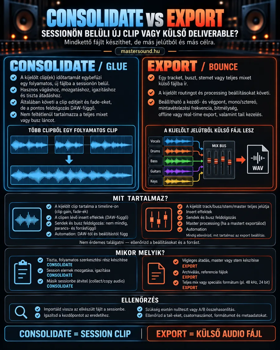 Infografika a consolidate és az export különbségéről. Bal oldalon három clip egy folyamatos clippé olvad, jobb oldalon öt sáv egy keverőn át WAV-fájlba kerül. Alatta a tartalmuk, a használatuk és az ellenőrzés lépései.