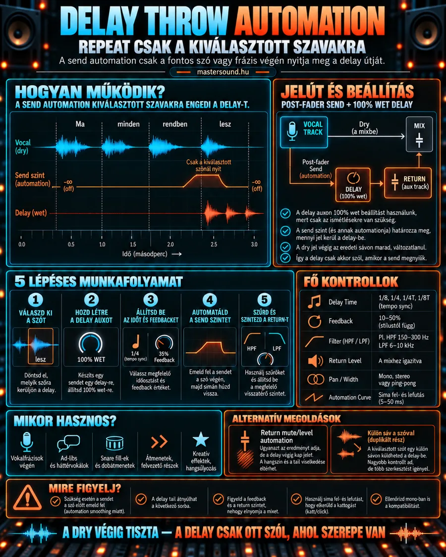 Infografika a delay throw-ról. Egy énekelt mondat idővonalán a küldés szintje csak az utolsó szónál nyílik ki, és csak utána szólnak ismétlések. Mellette a jelút egy 100% wet delay aux sávval, alatta öt lépés, a fő gombok és alternatív megoldások.
