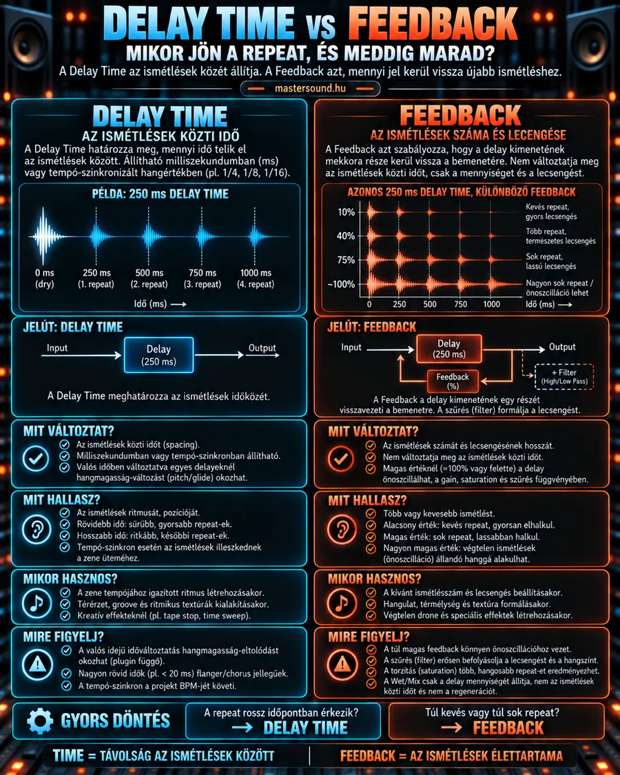 Kétoldalas infografika a delay két alapgombjáról. Balra a delay time, ami egy 250 ms-os példán az ismétlések közti időt mutatja. Jobbra a feedback, négy értéknél, hogy hány ismétlés szól és milyen lassan halkul.