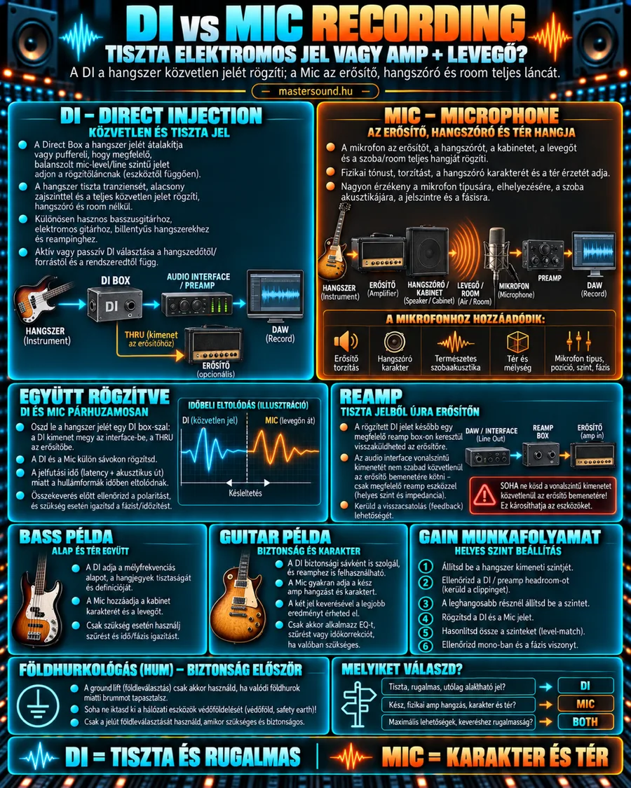 Infografika a gitár és a basszusgitár kétféle felvételéről: balra a hangszer DI-dobozon át közvetlenül a hangkártyába megy. Jobbra az erősítő hangláda elé tett mikrofon veszi fel, alatta a kettő együttes rögzítése és az újraerősítés.