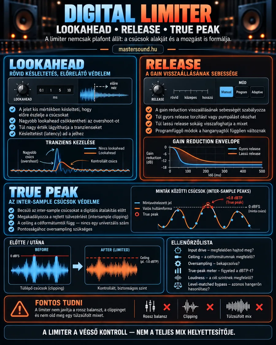 Infografika a digitális limiter három fő beállításáról: a lookahead tranzienskezelése, a release sebessége és módjai, a minták közötti true peak csúcs, alatta egy előtte-utána hullámforma, egy ellenőrzőlista és egy figyelmeztetés.