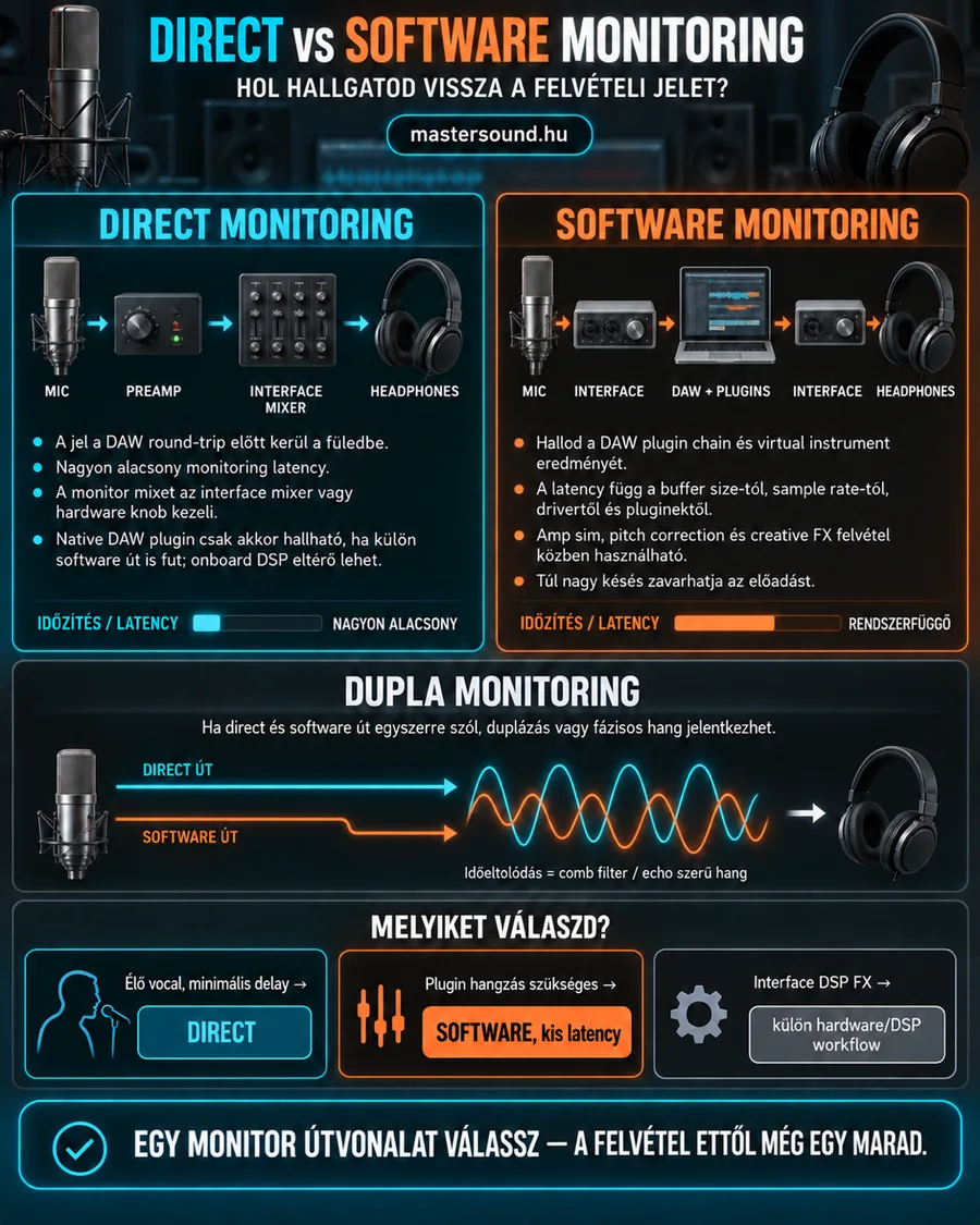Infografika a direct és a software monitoring útjáról: felül a mikrofontól a fejhallgatóig tartó két jelút, középen a két út egyszerre szóló, egymáshoz képest elcsúszott hulláma, alul három választási helyzet.