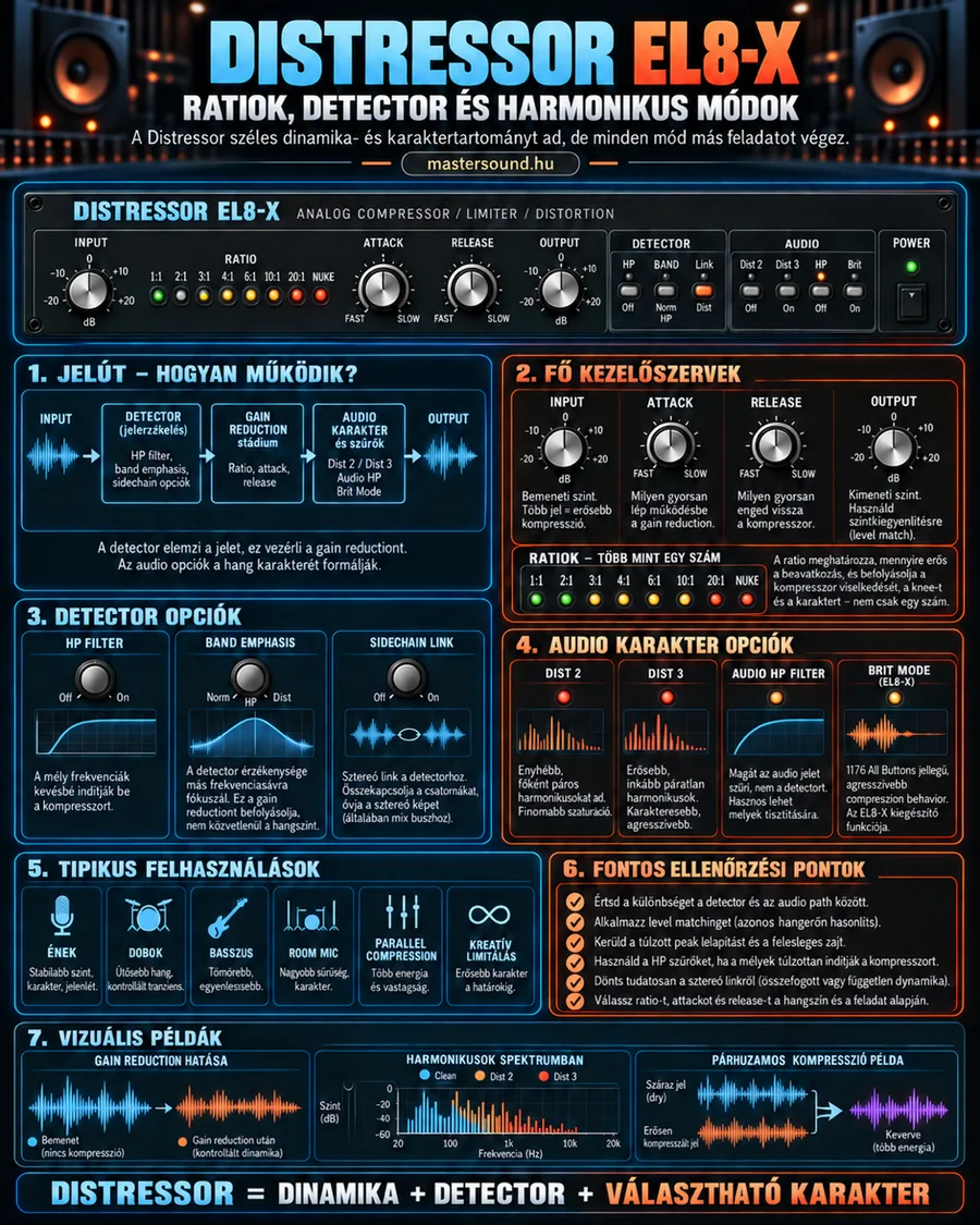 Infografika egy sokoldalú analóg kompresszorról: fekete előlap bemenet, arányválasztó lámpasor, attack, release és kimenet gombokkal, külön detektor- és hangszín-kapcsolókkal, a jelút tömbvázlata, a torzítási módok spektrumai és egy párhuzamos kompresszió példa.