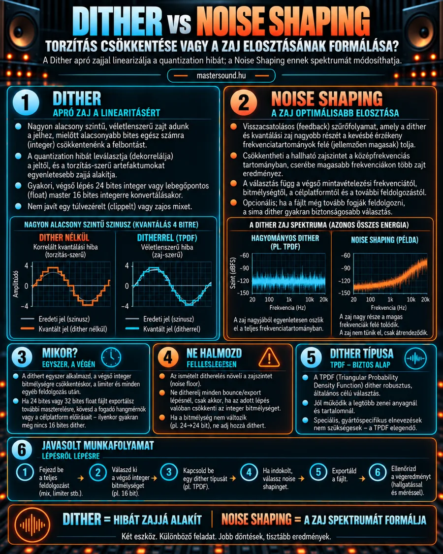 Infografika a dither és a noise shaping különbségéről: egy halk szinusz lépcsős kvantálása dither nélkül és ditherrel, a sima és a formált dither-zaj spektruma, a helyes időzítés, a TPDF típus és egy hatlépéses munkafolyamat.