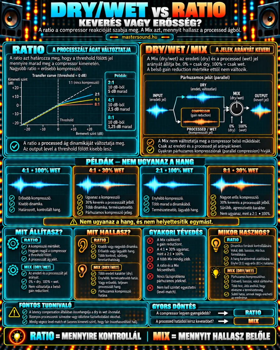 Infografika a kompresszor ratio és mix gombjának különbségéről: bal oldalt az átviteli görbe három ratióval, jobb oldalt a párhuzamos jelút a keverőgombbal, alatta négy hangpélda és a gyakori tévedések.