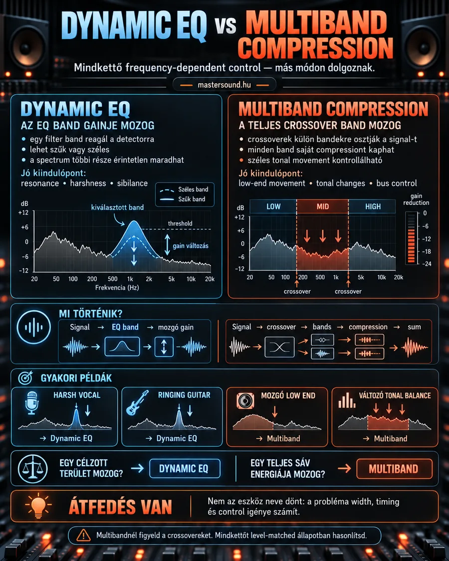 Infografika a dinamikus EQ és a többsávos kompresszió különbségéről: balra egy mozgó, harang alakú EQ-sáv a küszöbvonallal, jobbra három, hangváltóval elválasztott sáv, alattuk a jelút vázlata és négy gyakori példa.