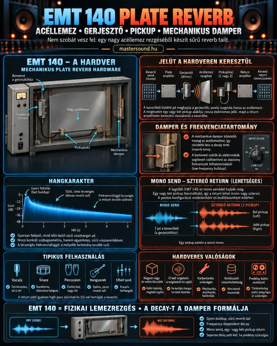 Infografika egy klasszikus lemezzengetőről: a nagy acéllemez a keretben gerjesztővel, hangszedőkkel és mechanikus csillapítóval, a jelút a keverőtől vissza a keverőig, egy lecsengési grafikon, a mono küldés és sztereó visszatérés, valamint a hardver gyakorlati korlátai.