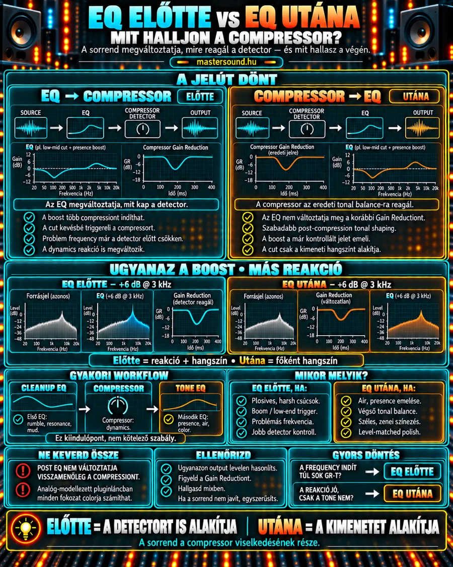 Infografika két jelútról: az egyikben az EQ a kompresszor előtt áll, a másikban utána. Grafikonok mutatják, hogy ugyanaz a 3 kHz-es emelés csak az első esetben változtat a kompresszor szintcsökkentésén.