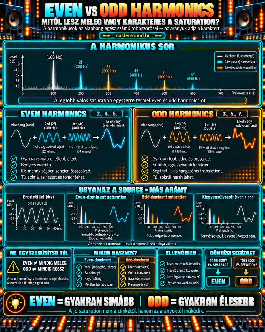 Infografika a páros és páratlan felharmonikusokról: felül egy 100 Hz-es alaphang és felharmonikusai egy spektrumon, középen a páros és a páratlan tagok összeadása hullámokkal, alatta ugyanaz a jel négyféle felharmonikus-aránnyal, legalul hangszerenkénti példák és döntési segédlet.