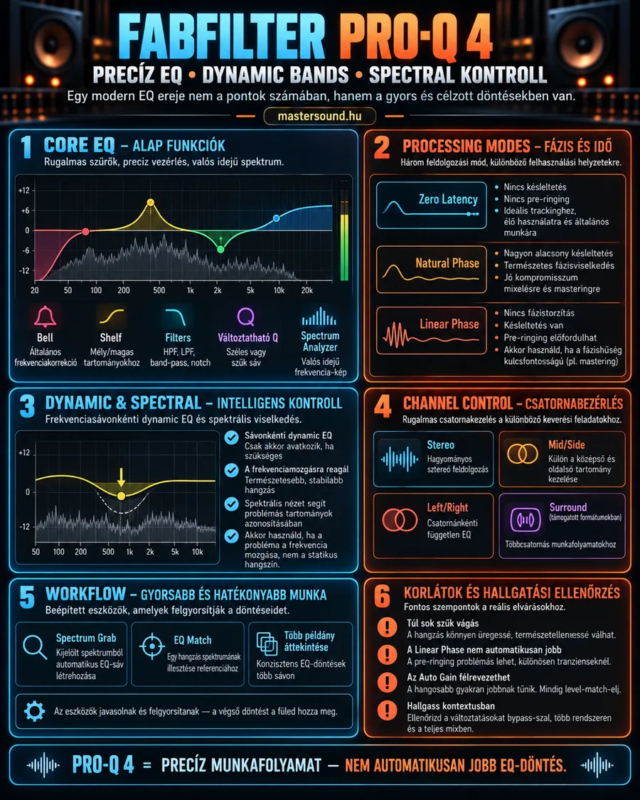 Infografika egy modern parametrikus EQ-pluginról hat panelben: szűrőtípusok spektrummal, három feldolgozási mód, dinamikus és spektrális sávok, csatornakezelés, munkafolyamat-segédek és a hallgatási ellenőrzés szabályai.