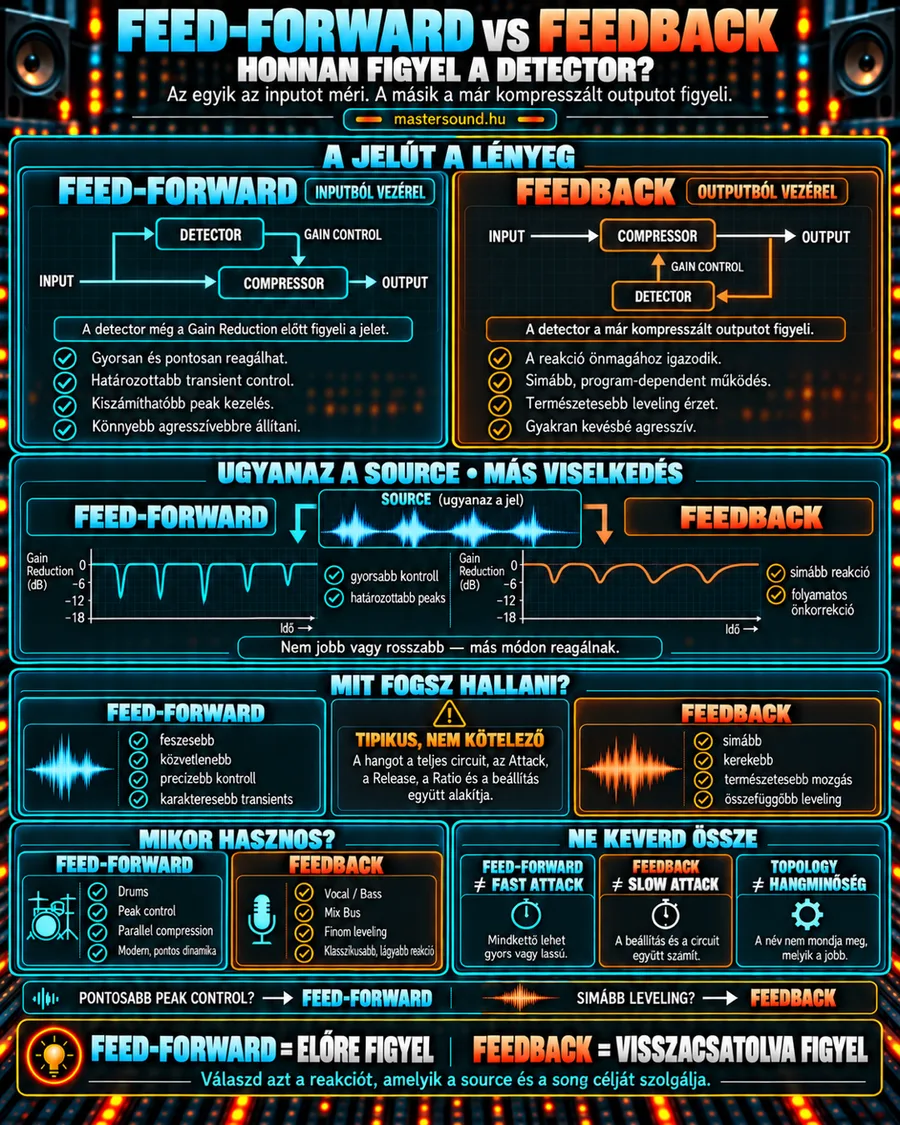 Infografika a feed-forward és a feedback kompresszor különbségéről: két jelút-ábra arról, hogy a detektor a bemenetet vagy a kimenetet figyeli, alatta a két típus halkítási görbéje ugyanarra a jelre, és hogy mire melyik hasznos.