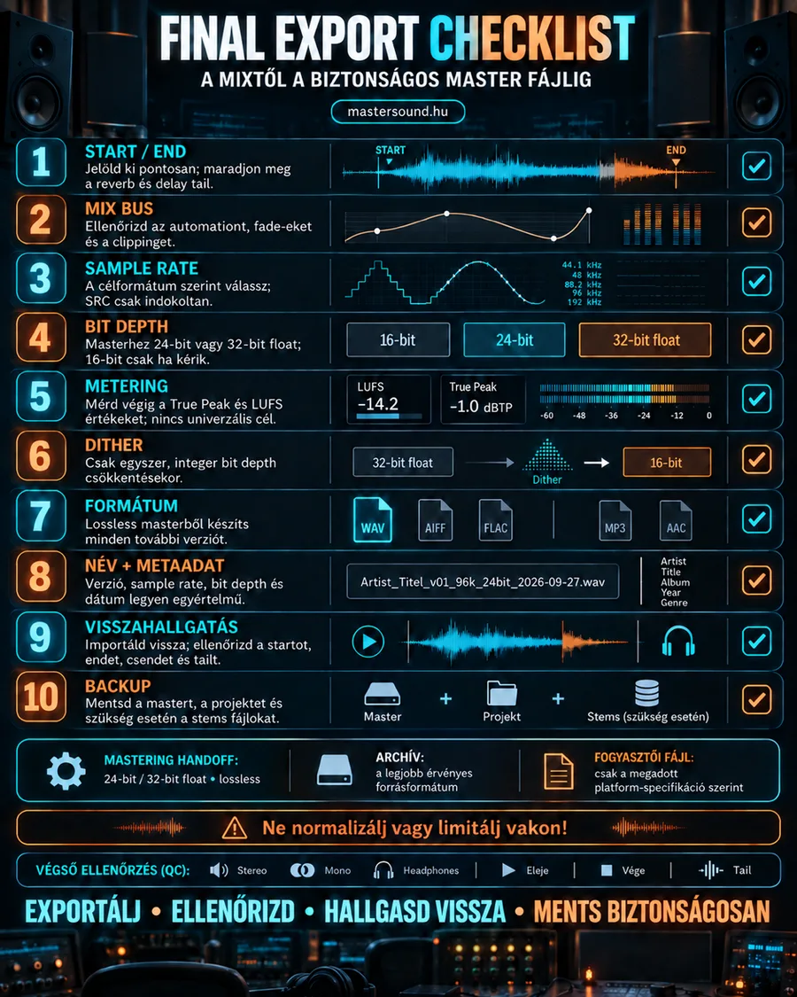 Infografika tízpontos ellenőrzőlistával a kész mixtől a biztonságos master fájlig: eleje és vége, mix bus, mintavételi frekvencia, bitmélység, mérés, dither, formátum, elnevezés, visszahallgatás és biztonsági mentés.