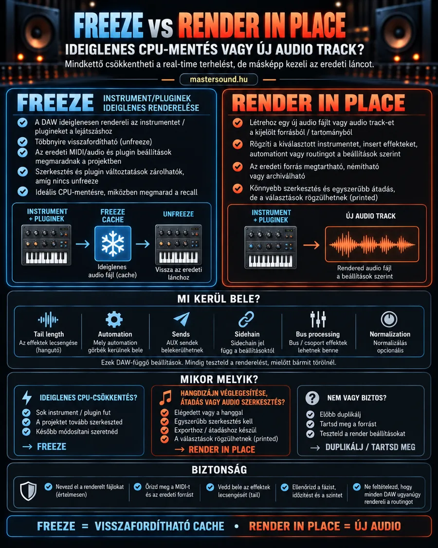Infografika a freeze és a render in place összevetéséről: balra a hangszer ideiglenes befagyasztása és visszaolvasztása, jobbra új hangsáv készítése, alatta mi kerül bele a renderbe, mikor melyiket válaszd, és biztonsági tanácsok.