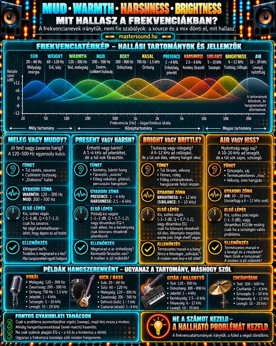Infografika a hallható frekvenciatartományról 20 Hz-től 20 kHz-ig, a sub, mud, presence, air és más sávok nevével, alatta négy gyakori hangprobléma tüneteivel, első lépéseivel és hangszerenkénti példákkal.