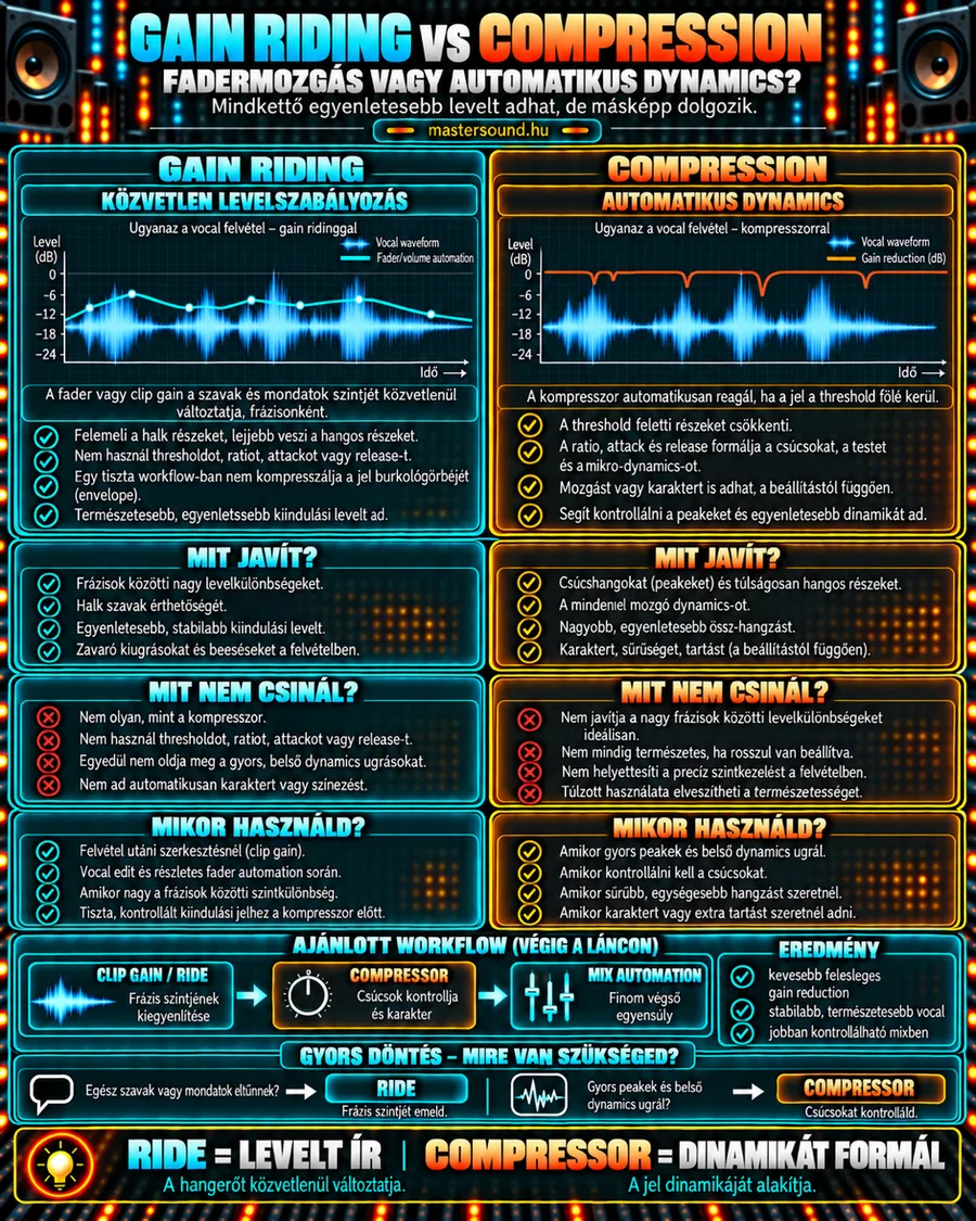Infografika a kézi szintvezetés és a kompresszor összehasonlításáról: ugyanaz az énekfelvétel fader-automációval és kompresszorral, mit javít és mit nem a két módszer, és egy ajánlott sorrend a kettő együttes használatára.