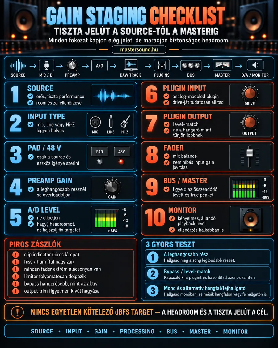 Infografika a gain stagingről: a jelút a hangforrástól a hangfalig, tíz számozott ellenőrző lépés, egy piros figyelmeztető lista és három gyors teszt a tiszta, torzításmentes jelhez.