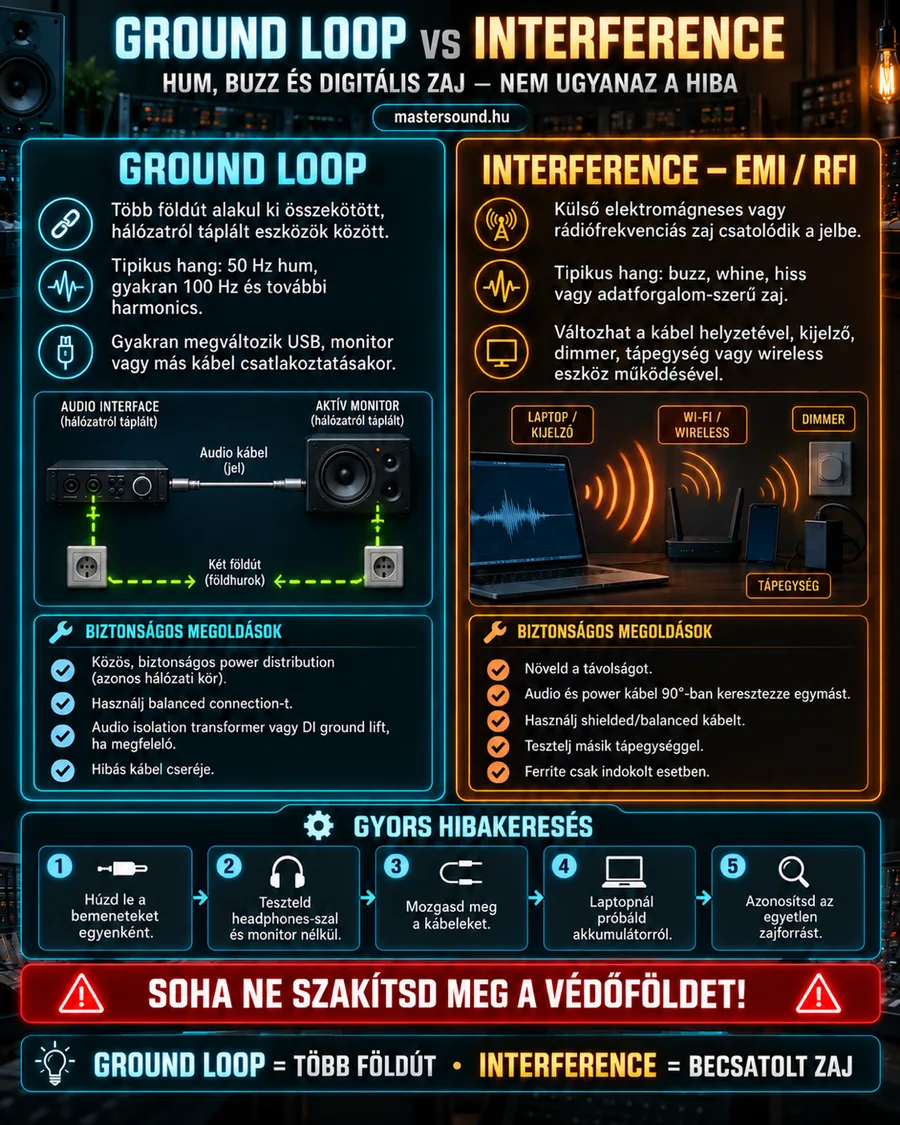 Infografika a zúgás két fő okáról: bal oldalon egy hangkártya és egy aktív hangfal két konnektorról, a köztük kialakuló földhurokkal, jobb oldalon laptop, wifi-router, fényerőszabályzó és tápegység mint zavarforrás, alul öt lépéses hibakeresés.