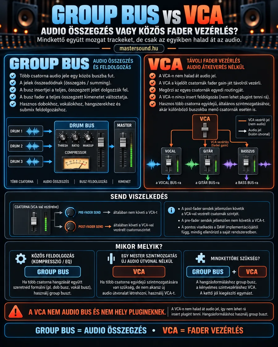 Infografika a group bus és a VCA különbségéről. Balra három dobsáv egy kompresszoros dobbuszba és onnan a fő sávba fut, jobbra egy VCA fader narancs vezérlővonalakkal irányít három sávot. Alul a küldések viselkedése és a választás szabályai.