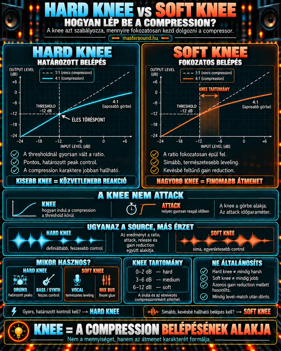 Infografika a hard knee és a soft knee különbségéről: két átviteli görbe a küszöbszintnél éles, illetve lekerekített töréssel, a knee és az attack különbsége, és melyik mire hasznos dobon, basszuson, éneken és a fő buszon.