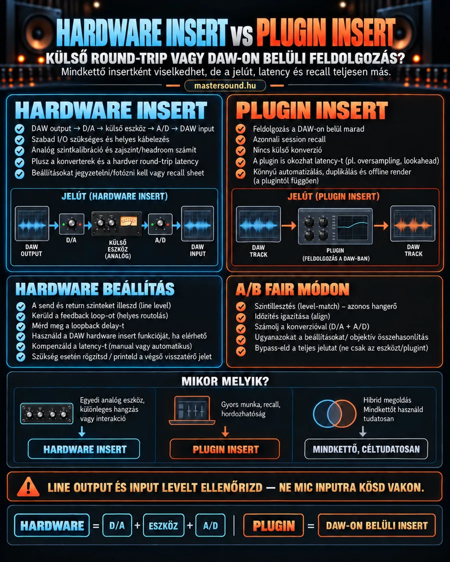 Infografika a hardware insert és a plugin insert összevetéséről: balra a jelút a DAW kimenetétől átalakítókon és egy külső analóg eszközön át vissza, jobbra a DAW-on belüli plugin, alatta beállítási és összehasonlítási tanácsok.