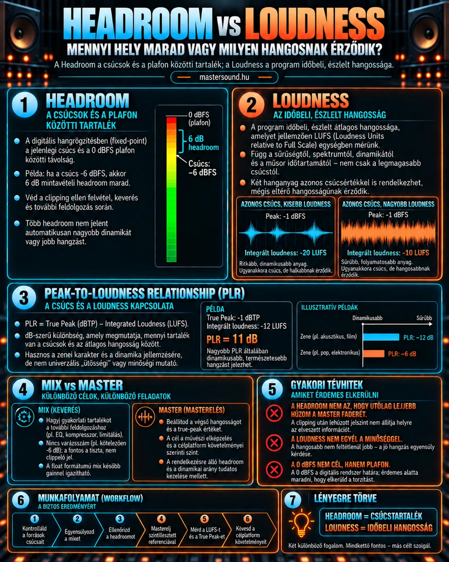 Infografika a szinttartalék és az érzett hangosság különbségéről: egy szintjelző 6 dB tartalékkal, két azonos csúcsú, de eltérő hangosságú hullám, a csúcs és hangosság aránya, a keverés és a masterelés céljai, gyakori tévhitek és egy hatlépéses munkafolyamat.