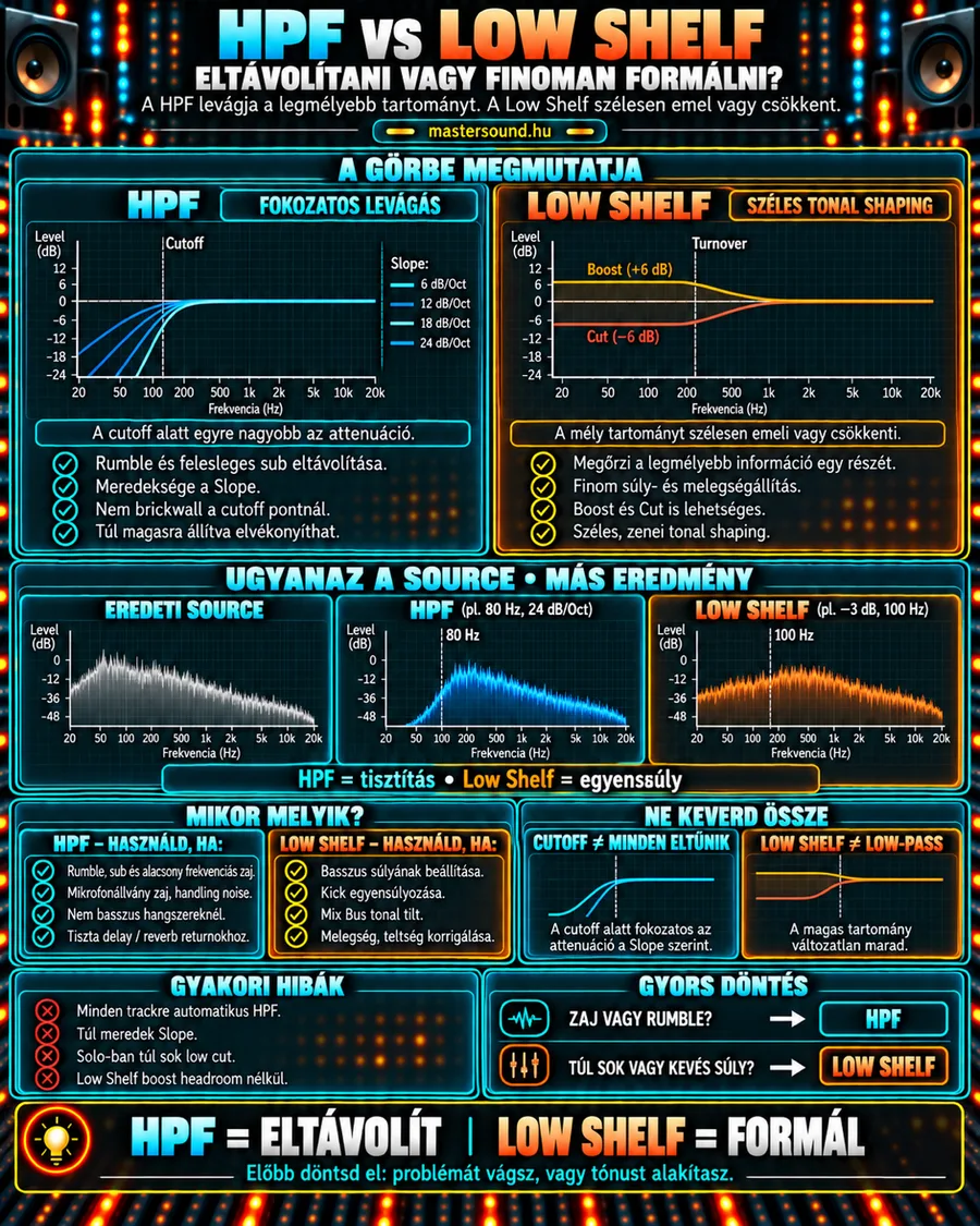 Infografika a mélyvágó szűrő és a low shelf különbségéről: a HPF különböző meredekségű görbéi és a low shelf emelése és vágása, alatta ugyanannak a hangforrásnak három spektruma, valamint hogy mikor melyiket használd.
