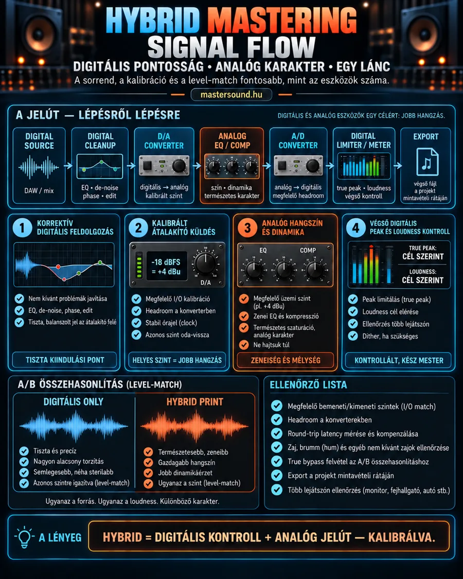 Infografika a hibrid mastering jelútjáról: hét dobozban a digitális forrástól a tisztításon, a D/A átalakítón, az analóg EQ-n és kompresszoron, az A/D átalakítón és a limiteren át az exportig, alatta négy részletező lépés, A/B összehasonlítás és ellenőrzőlista.